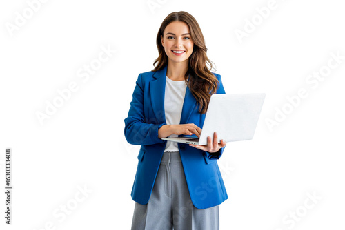 young female business holding laptop isolated on white
