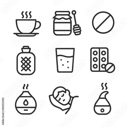 Throat Pain Relief Icons. Outline icon set of throat pain relief methods: hot tea, honey jar, throat lozenge, warm compress, salt