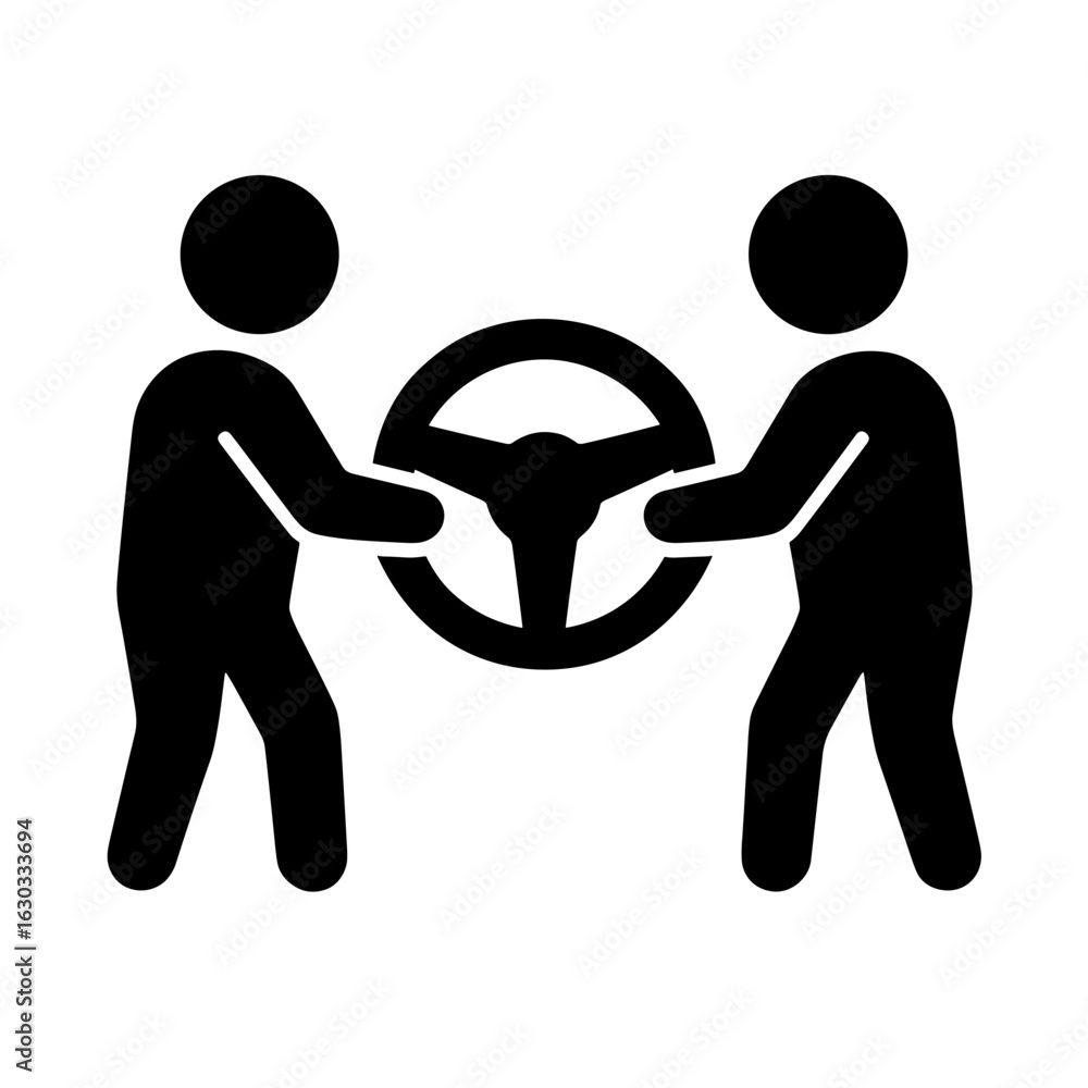 Fototapeta premium Two people holding steering wheel icon in solid fill representing shared control and teamwork