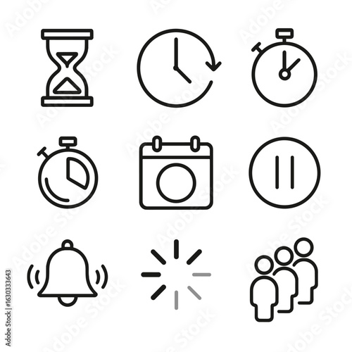 Time Icon Set. Outline icon set of delay concepts: hourglass, clock, stopwatch, timer, calendar, pause button, alarm bell, loading