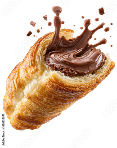 Chocolate croissant filled with a rich spread, with a splash of chocolate