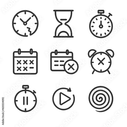 Time Loss Icons. Outline icon set of time loss and delay: broken clock, hourglass empty, stopwatch, calendar with crossed days,