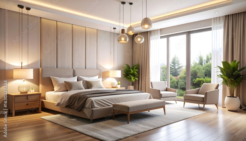 Obraz premium Luxurious modern master bedroom interior with cozy furniture and elegant lighting design.