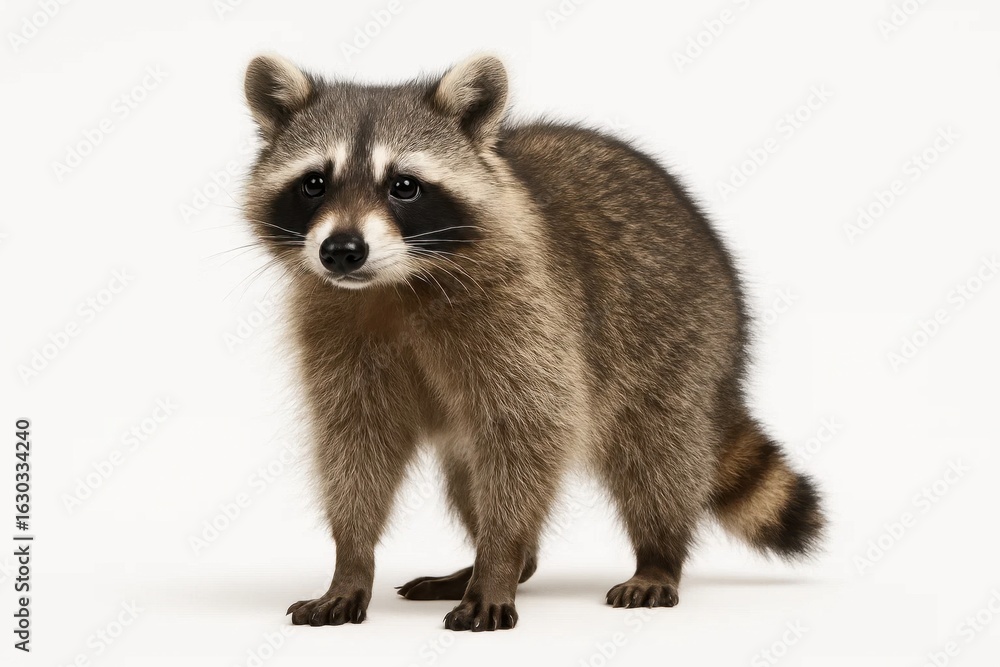 Obraz premium A curious raccoon stands alert on a pristine white background, its eyes reflecting curiosity and intelligence