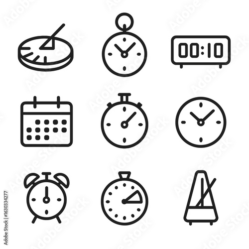 Time Measurement Icons. Outline icon set of time measurement devices: sundial, pocket watch, digital clock, calendar, stopwatch,