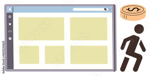 Web page layout with content blocks on screen, coin symbolizing finance, and moving figure. Ideal for business, e-commerce, earning, freelancing, productivity, online activity entrepreneurship