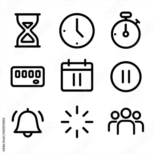 Time Icon Set. Outline icon set of delay concepts: hourglass, clock, stopwatch, timer, calendar, pause button, alarm bell, loading