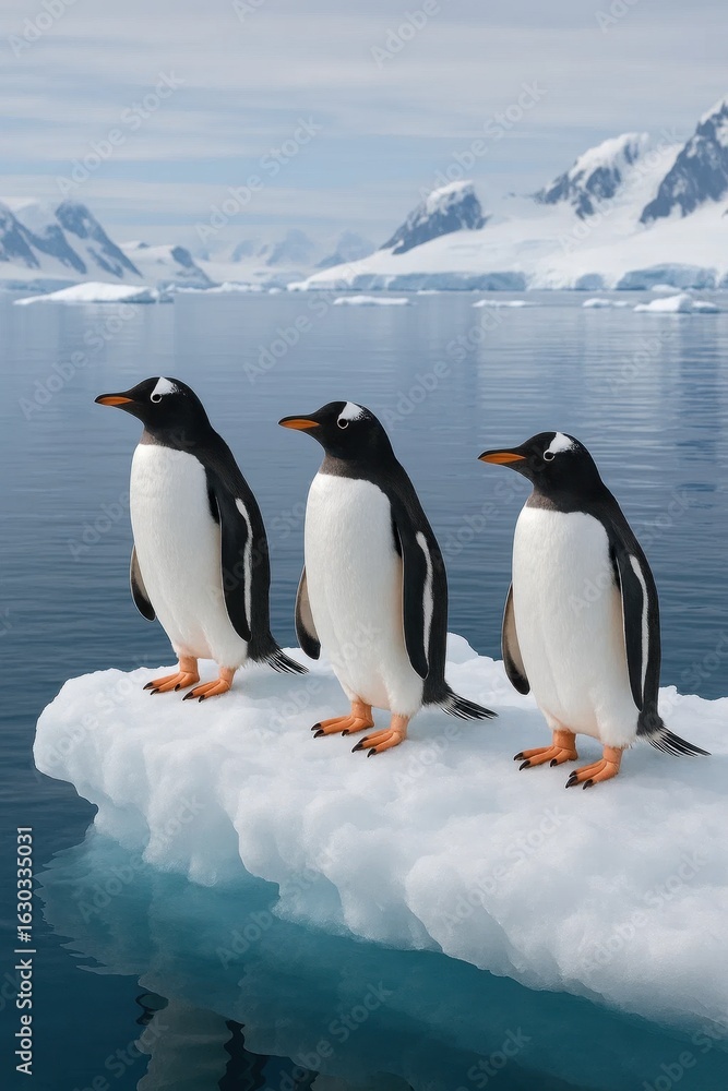 Fototapeta premium Three penguins stand majestically on a floating iceberg in the vast Arctic wilderness