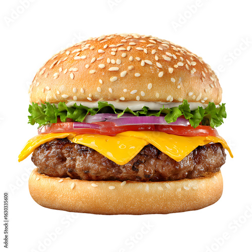 A deliciously crafted cheeseburger featuring a juicy beef patty topped with melted cheddar cheese and fresh toppings on a sesame seed bun