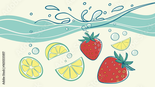 Illustration of strawberries and lemon slices floating in water with bubbles and splashing waves above