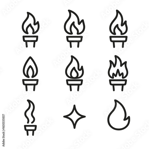 Torch Flame Icon Set. Outline icon set of torch flames: small flame, large flame, flickering flame, steady flame, blue flame, fire