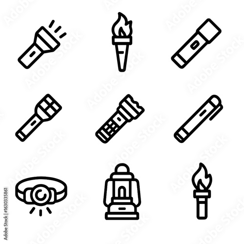 Torchlight Icon Set. Outline icon set of torchlight types: LED torch, traditional flame torch, electric flashlight, solar torch,