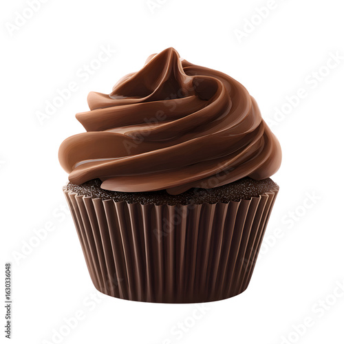 A decadent chocolate cupcake topped with swirls of rich chocolate frosting against a stark black background a perfect dessert