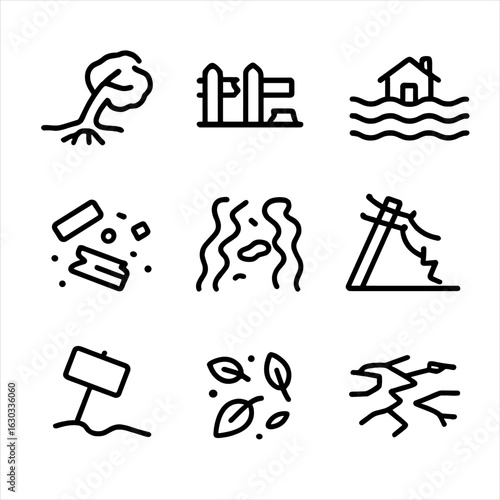 Tornado Aftermath Icons. Outline icon set of tornado affected environment: uprooted tree, broken fence, flooded field, scattered