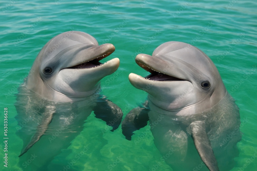 Fototapeta premium Two dolphins share a joyful moment in the clear blue waters