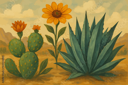 Southwestern desert bloom illustration featuring vibrant cactus flowers, agave, and wildflowers in a warm, painted landscape