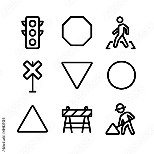 Traffic Icon Set. Outline icon set of traffic signals: traffic light, stop sign, pedestrian crossing, railroad crossing, yield