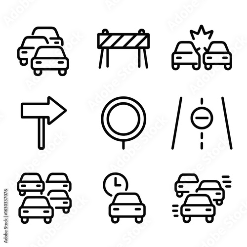 Traffic Condition Icons. Outline icon set of traffic conditions: traffic jam, roadblock, accident, detour, speed limit, road