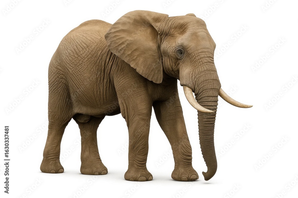 Obraz premium A majestic African elephant stands tall against a pristine white background, its gentle eyes reflecting wisdom and strength