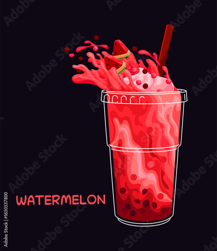 Cartoon watermelon milk bubble tea glass with bright splashes and in a transparent cup, bursting with red splash, juicy fruits slices, tapioca pearls and bold straw, evoking a refreshing, summery vibe