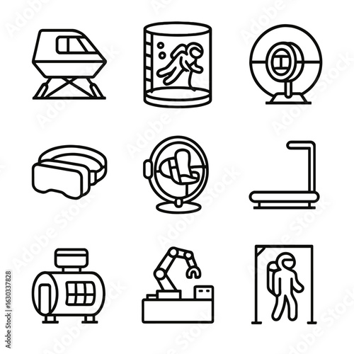 Training Simulator Icons. Outline icon set of training simulators: full-motion cockpit, neutral buoyancy tank, centrifuge ride, VR