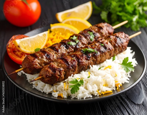 Grilled Iranian Kabab Koobideh skewers served with saffron and white basmati rice, garnished with lemon wedges and grilled tomato on a black plate.