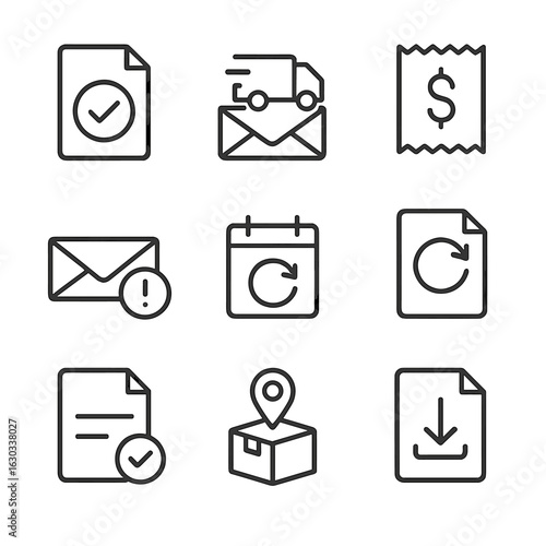 Transactional Icon Set. Outline icon set of transactional notifications: order confirmation, shipping update, payment receipt,