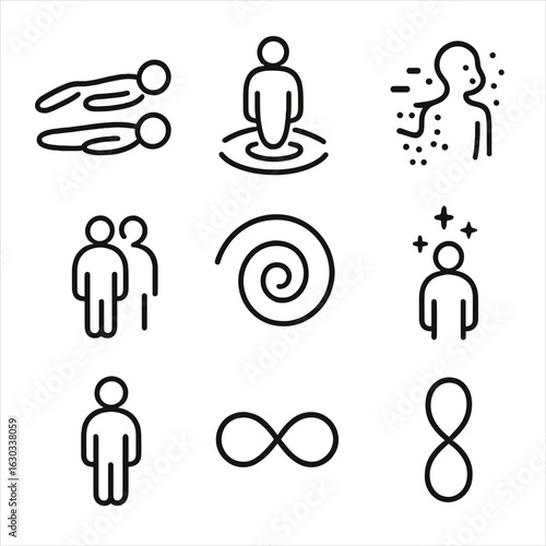 Transcendence Icon Set. Outline icon set of transcendence: out-of-body form, floating soul, time dissolve, spirit wave, fading