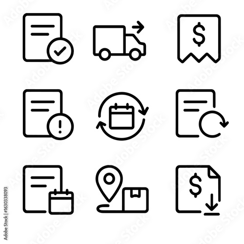 Transactional Icon Set. Outline icon set of transactional notifications: order confirmation, shipping update, payment receipt,