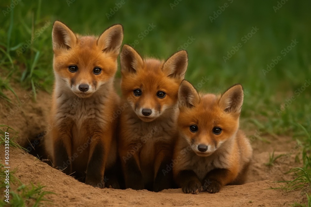 Fototapeta premium Three young foxes in a serene garden, their curious eyes meeting ours as they explore the world around them