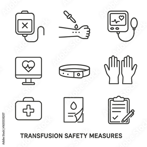 Transfusion Safety Icons. Outline icon set of transfusion safety measures: blood crossmatch, allergy test, blood pressure monitor,