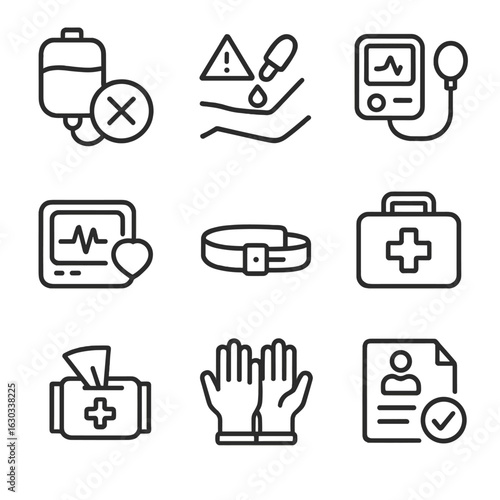 Transfusion Safety Icons. Outline icon set of transfusion safety measures: blood crossmatch, allergy test, blood pressure monitor,