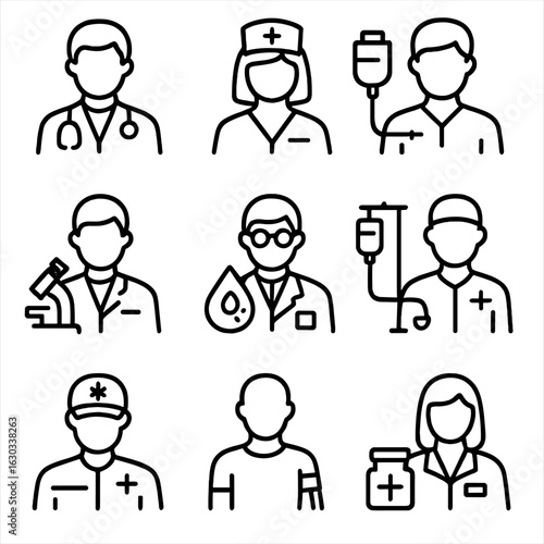 Transfusion Specialists Icon Set. Outline icon set of transfusion-related medical professionals: doctor, nurse, phlebotomist, lab