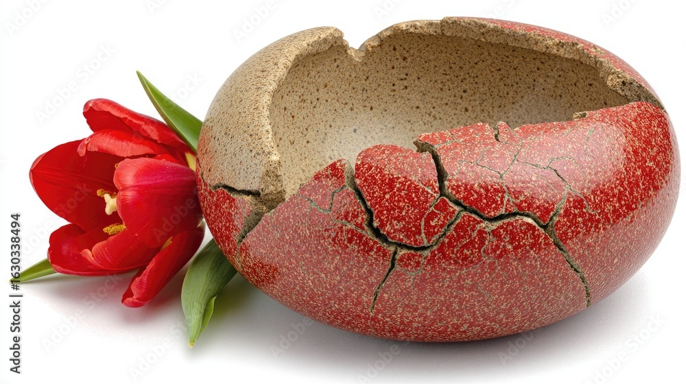 Obraz premium A cracked ceramic bowl with a red glaze, beside a red tulip.