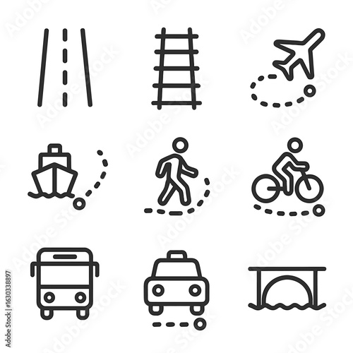 Transportation Icon Set. Outline icon set of distance in transportation: highway, railway track, airplane path, ship route,