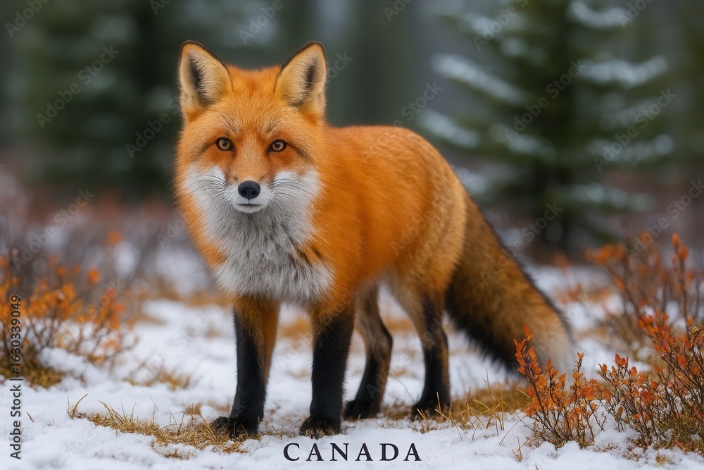 Fototapeta premium A solitary red fox stands guard in winter's embrace, its gaze reflecting the quiet beauty of Canada's natural world