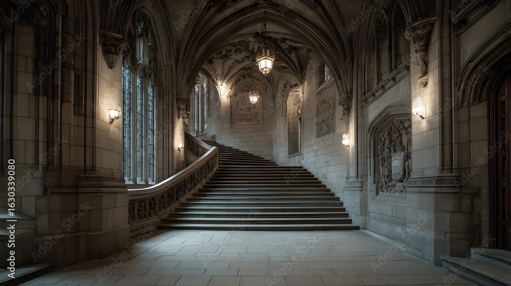 Fototapeta premium Grand stone staircase in gothic building, hallway, architecture