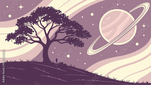 Silhouette of a tree on a hill with a person standing near it under a planet with rings and stars in space