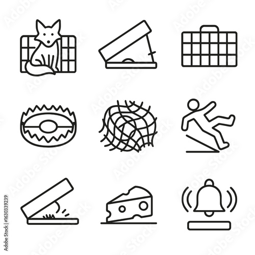 Trap Icon Set. Outline icon set of trap outcomes: caught animal, triggered trap, closed cage, snapped jaw, tangled net, fallen