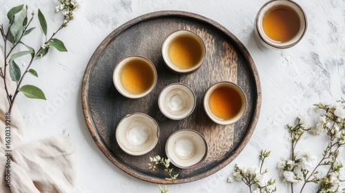 Small ceramic teacups on wooden tray, surrounded by sprigs