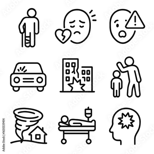Trauma Icon Set. Outline icon set of trauma types: physical injury, emotional pain, shock, accident, war zone, natural disaster,