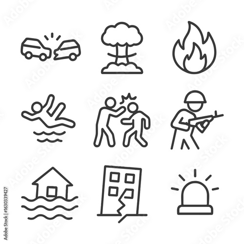 Trauma Icon Set. Outline icon set of traumatic events: car crash, explosion, fire, fall, assault, war, flood, earthquake, disaster
