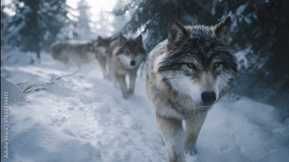 Obraz premium Wolf pack trekking through a snowy forest