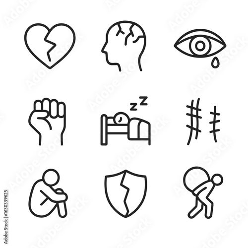Trauma Impact Icons. Outline icon set of trauma impact: broken heart, shattered mind, crying eye, clenched fist, restless sleep,