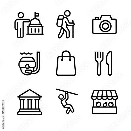 Travel Activity Icons. Outline icon set of travel activities: sightseeing, hiking, photography, snorkeling, shopping, eating out,
