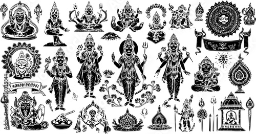 Detailed collection of Hindu deities, gods, goddesses, and religious symbols in a vintage woodcut style, perfect for cultural and spiritual design projects.