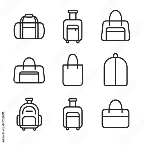 Travel Bag Icons. Outline icon set of travel bag types: duffel bag, rolling suitcase, cabin bag, weekender bag, tote bag, garment