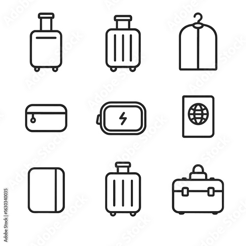 Travel Case Icons. Outline icon set of travel cases: carry-on case, checked suitcase, garment bag, toiletry kit, electronics pouch