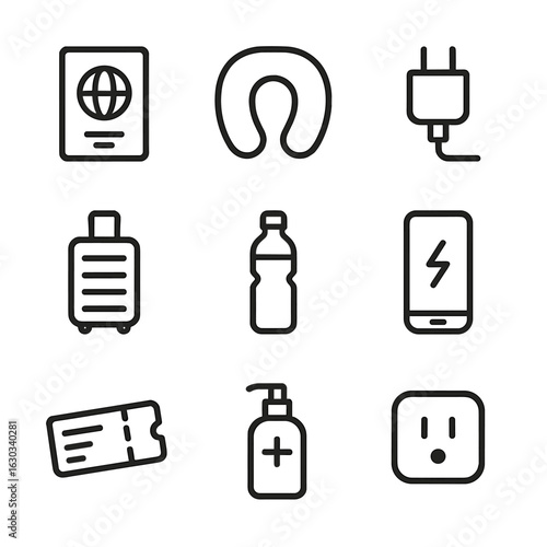 Travel Essentials Icons. Outline icon set of travel necessities: passport, travel pillow, charger, luggage, water bottle, power