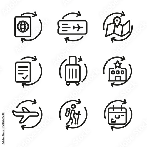 Travel Refresh Icons. Outline icon set of refresh travel: passport renewal, ticket rebooking, map update, itinerary change,